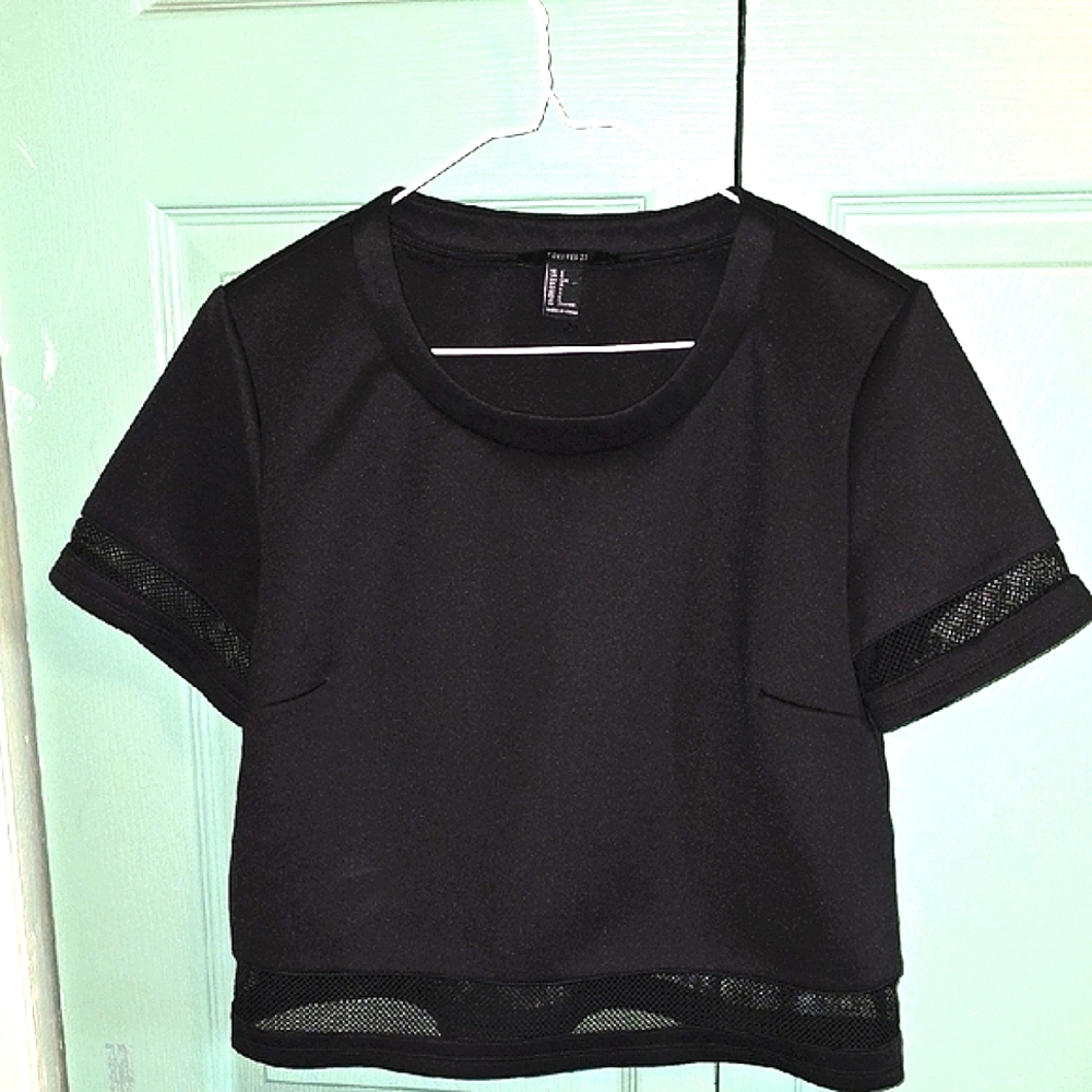 Forever 21 Black Mesh Accent Crop Top Size L   (Like New)  Looks Very Cool On - Picture 5 of 7